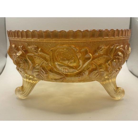 Vintage Imperial Glass Marigold Yellow Rose Sawtooth Footed Bowl - Picture 2 of 10